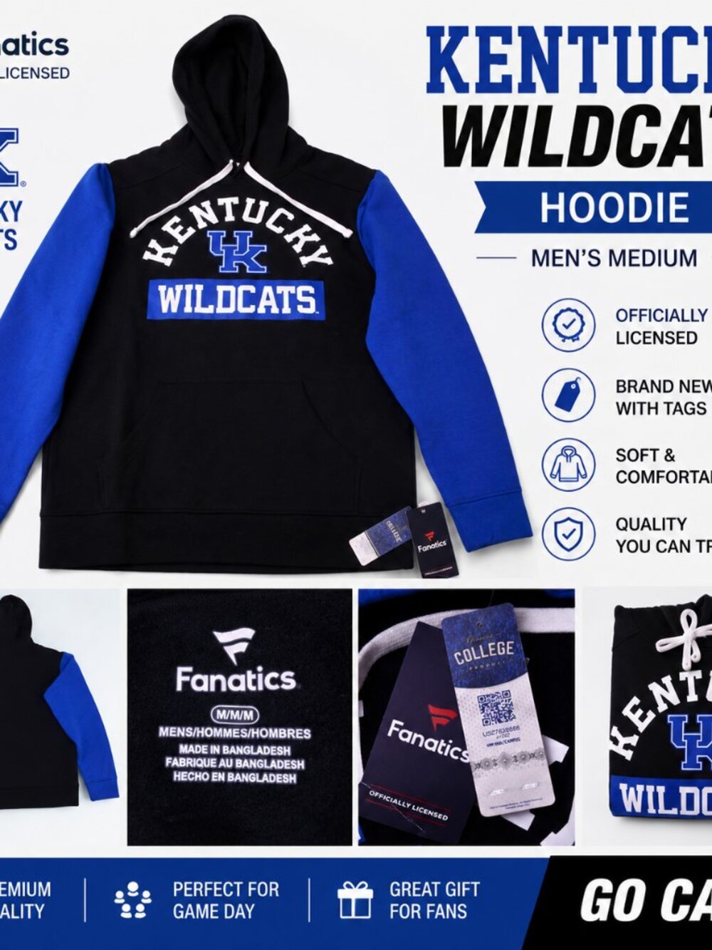 Fanatics Kentucky Wildcats Hoodie Mens Medium Blue Black NWT NCAA